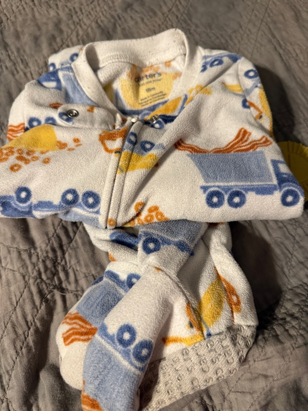 Carter's White Fleece Sleeper with Blue and Yellow Trucks